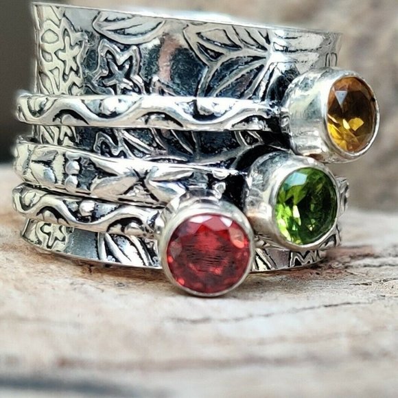 Hand Crafted Jewelry - Peridot, citrine, garnet gemstone, 925 silver ring, spinner ring
